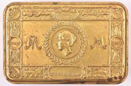 A WWI Princess Mary's Christmas gift tin, containing Christmas greetings card message and bullet