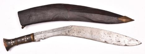 A kukri, long slender blade 18" with simple decoration, horn hilt with plain brass mounts and