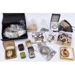 A collection of costume jewellery, silver bangles, silver watch case, etc. Ring boxes. Lady's