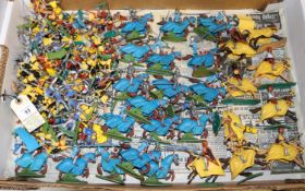 100 Timpo, Britains etc plastic knights. 26 mounted, horses with mid blue and yellow coats,
