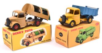 2 Dinky Toys Bedford Trucks. A Refuse Wagon (252) in tan with green shutters and red wheels. Plus