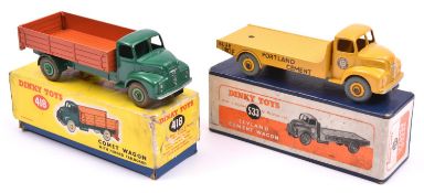 2 Dinky Toys. Leyland Comet Wagon with hinged tailboard (418). In green with orange body and light