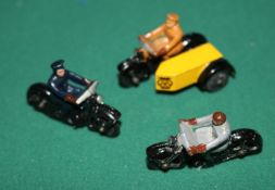 3 Dinky Toys Motorcycles. An AA Motorcycle Patrol in yellow and black, with tan rider. A Civilian