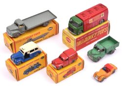 6 Dublo Dinky Toys. AEC Mercury Tanker Shell BP (070). In green & red. Royal Mail Van (068). In red.