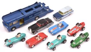9x Corgi Toys. Ecurie Ecosse Racing Car Transporter. Lotus Mk.11. Bentley Continental Sports Saloon.