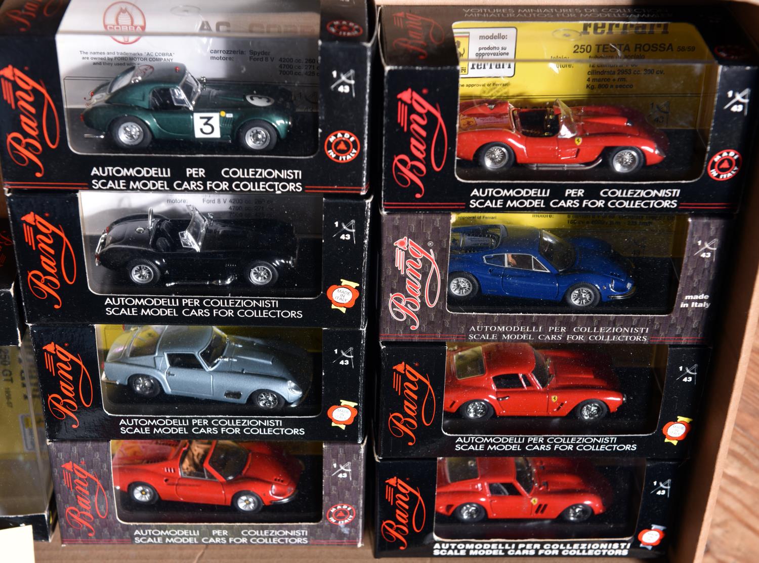 9x Bang 1:43 scale cars. 7x Ferrari; 250 TR Prova 1958. Dino 206 Street 1967. 250 SWB Prova. 250 GTO