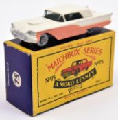 A scarce Matchbox Series Ford Thunderbird No.75. Cream body, peach side panels. Blue base and silver