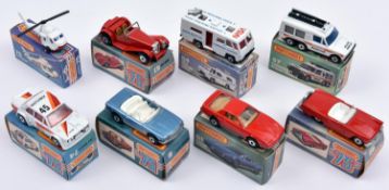 8 Matchbox 1-75 Superfast. MB6B; Mercedes Convertible in metallic blue with silver stripe. MB42D; '