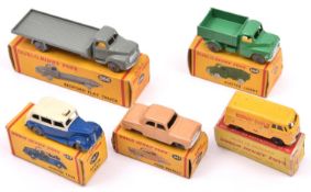 5 Dublo Dinky Toys. Bedford Flat Truck (066) in grey. An Austin Lorry (064) in mid green. Austin