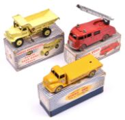 3 Dinky Toys. Leyland Cement Wagon (933). In yellow Ferrocrete livery. Commer Fire Engine (955).
