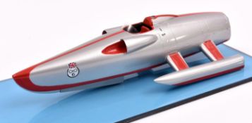 A resin model of the 1952 John Cobb's Crusader K6 world water speed record turbo jet boat (