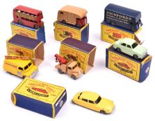 7 Matchbox Series. A London Bus No.5 in red. Bedford Wreck Truck No.13 in tan with red crane with