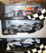 3x Minichamps 1:18 scale Formula One racing cars. Mercedes GP Petronas, N. Rosberg 2010, RN4. BMW