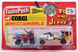 Corgi Juniors Whizzwheels Tom and Jerry Twin Pack (2507). Red and yellow backing card, with still