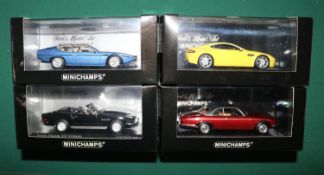 4x Minichamps 1:43 scale cars. Aston Martin V8 Vantage. Aston Martin V8 Volante. Jaguar XJ12 Coupe