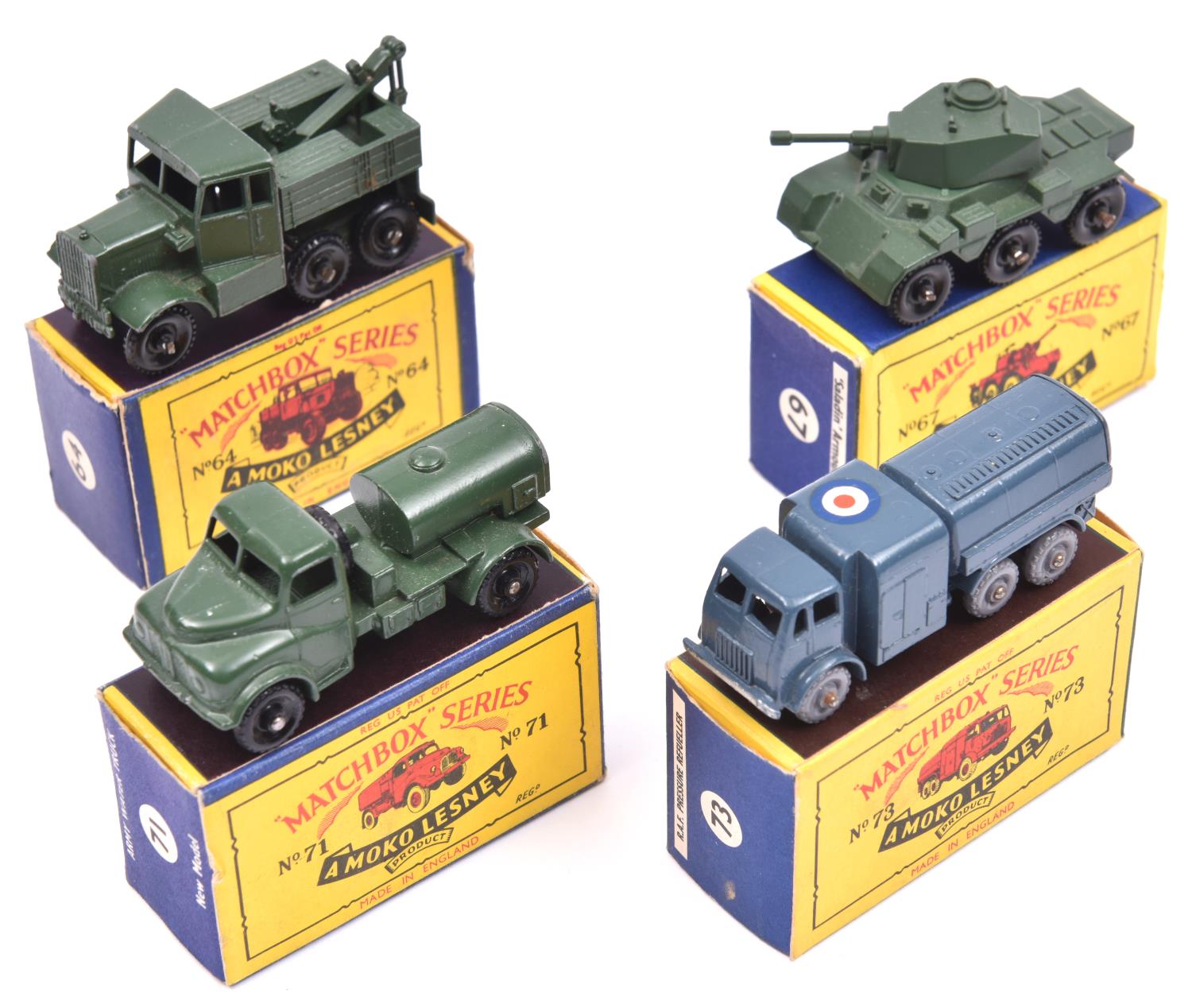 4 Matchbox Series Military Vehicles. Scammell Breakdown Truck No.64. Saladin Armoured Car No.67.
