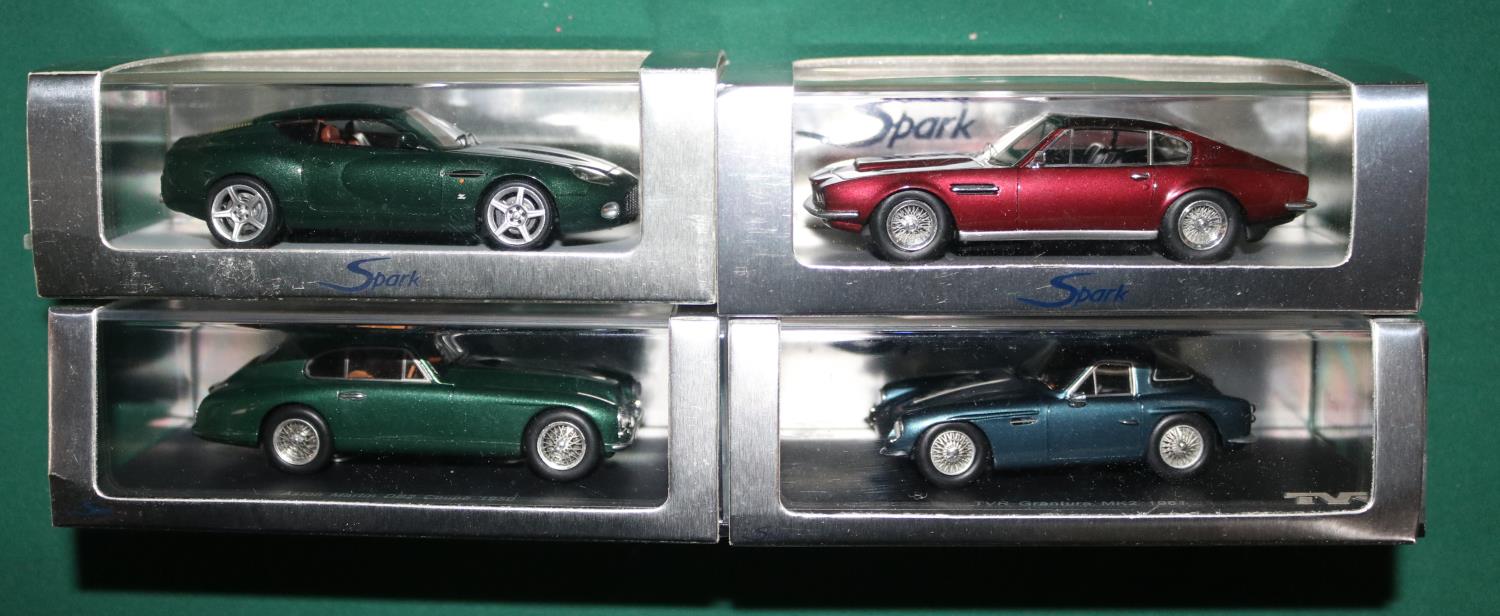 4x Spark 1:43 scale cars. TVR Grantura Mk.II 1961. Aston Martin DBS 1967. Aston Martin DB7 Zagato