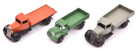 3 Dinky Toys. 2x 25 Series Wagons- Both Type 4- Flatbed in orange with black chassis and wheels (