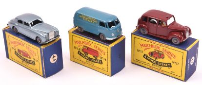 3 Matchbox Series. Metropolitan Taxi (Austin FX3) No.17. In maroon with mid grey interior and grey