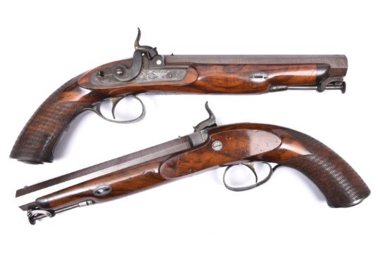 A good pair of officer's .65" percussion holster pistols, by T.E. Mortimer of Edinburgh, c 1855, 14"