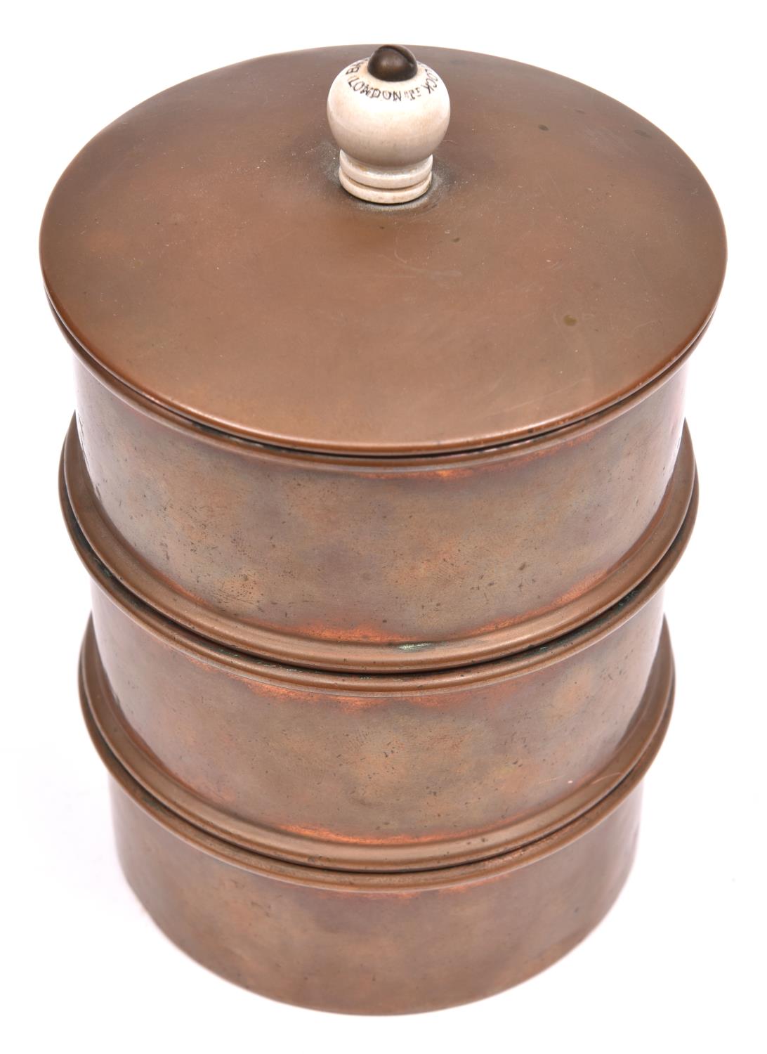 A 3 section cylindrical copper grader, possibly for gunpowder, height 6½", diameter 4½", with