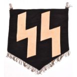 A Third Reich SS trumpet banner, white runes on black background, silver alloy fringe. 2 alloy