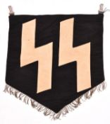 A Third Reich SS trumpet banner, white runes on black background, silver alloy fringe. 2 alloy
