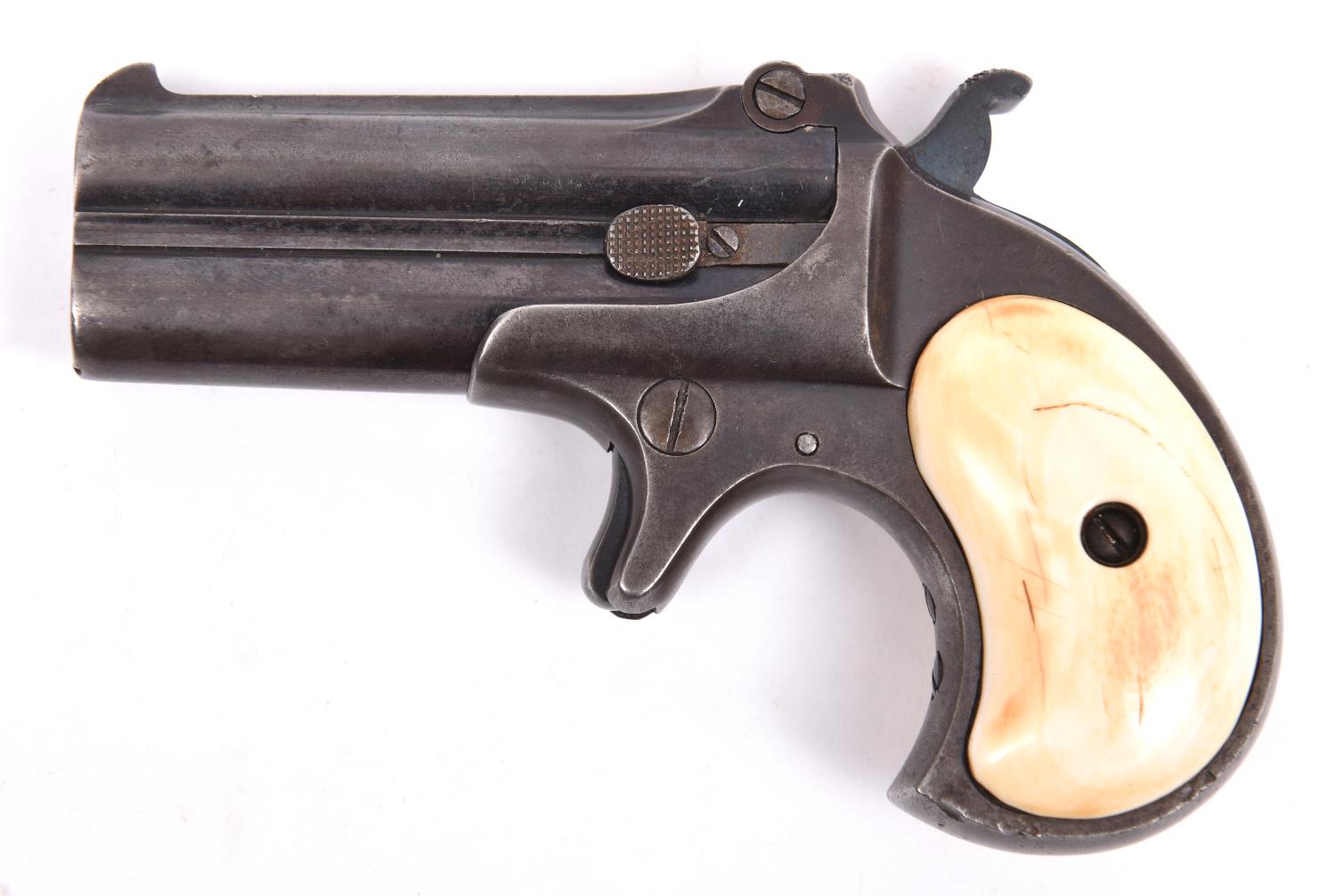A .38" RF double barrelled over and under Remington derringer pistol, number 734, blued overall with - Image 2 of 2