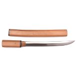 A Tanto blade, in shirasaya, signed Kanenori,shinto. Irregular hamon, slightly over cleaned. £500-