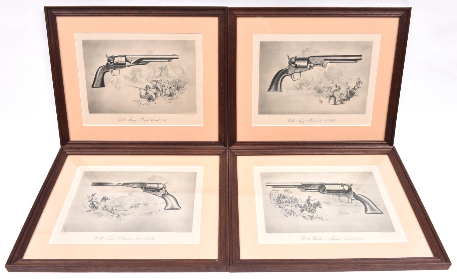 Four modern framed prints depicting Colt percussion revolvers: 1836 Paterson, 1847 Walker Dragoon,
