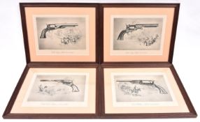 Four modern framed prints depicting Colt percussion revolvers: 1836 Paterson, 1847 Walker Dragoon,