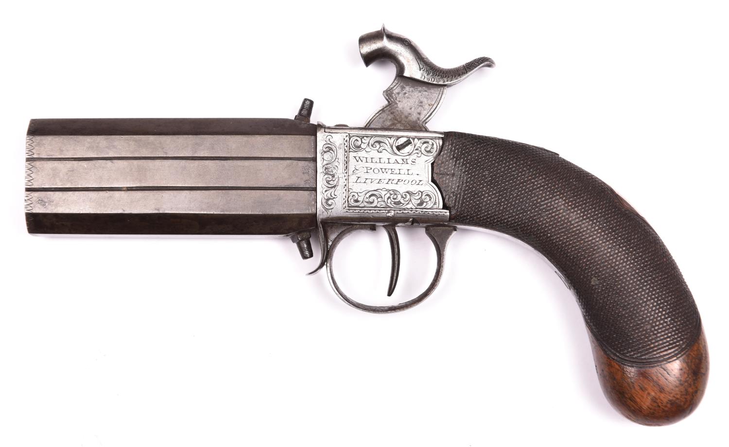 A 40 bore double barrelled over and under turnover percussion boxlock pistol c 1840, one piece - Image 2 of 2