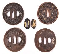 4 large modern tsuba and 1 modern fuchi kashira. £100-150