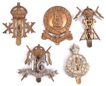 Five cavalry cap badges: large post 1915 14th Hussars, 16th Lancers, 1911-22 18th Hussars, 20th