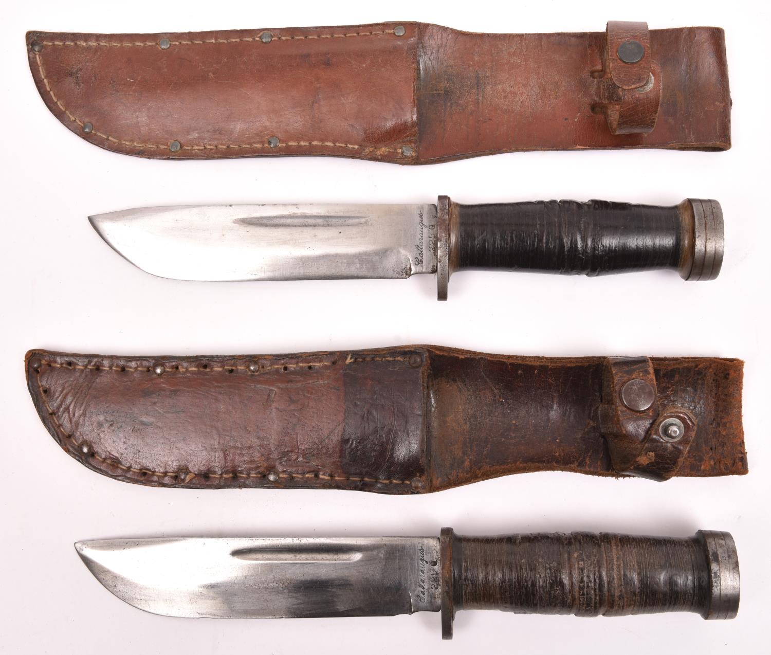 Two American military style hunting knives, blades 6" marked "Cattaraugus 225Q" with leather - Image 2 of 2