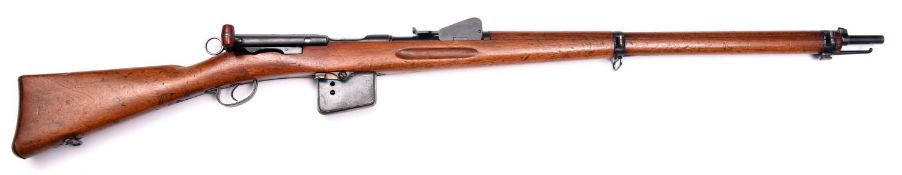 A Swiss 7.5mm Schmidt Rubin model 1889 straight pull bolt action military rifle, number 105829 on