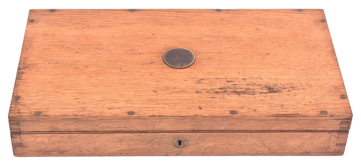 An oak case for a percussion revolver, 13½" x 6¾" x 2" internal, with circular brass lid and keyhole - Image 2 of 2