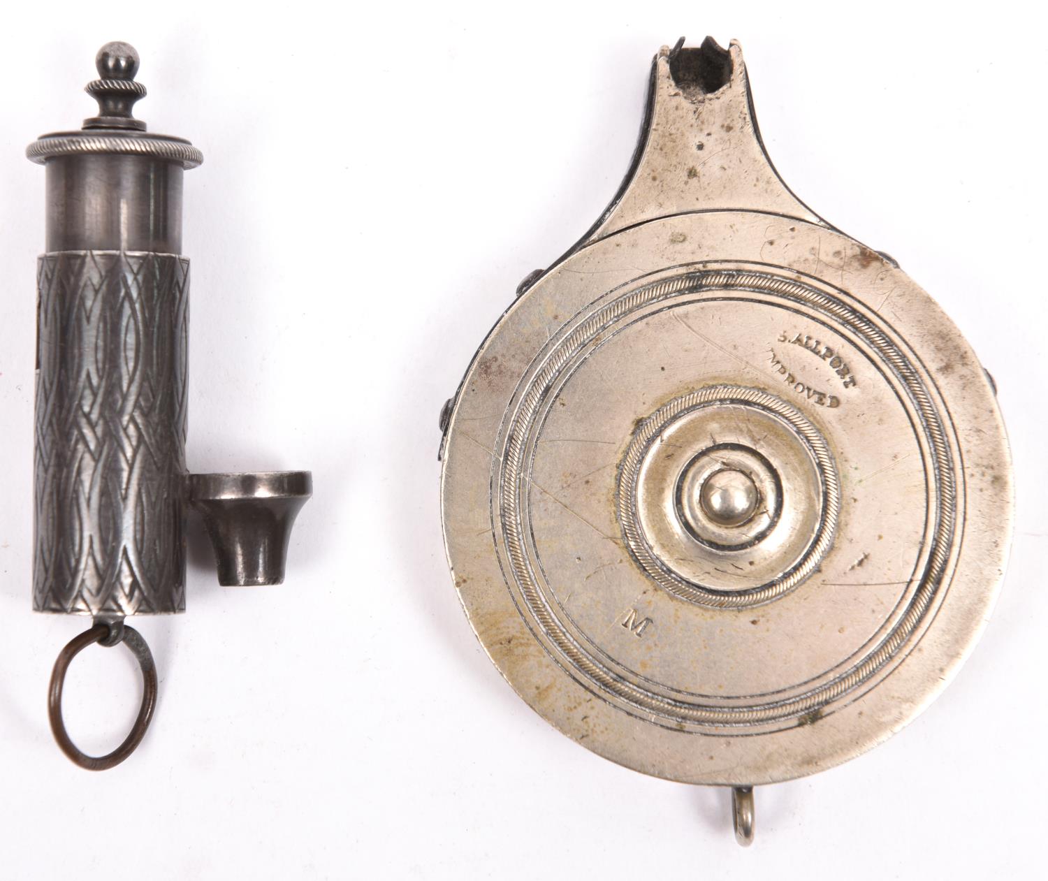 A German silver cap dispenser, marked "S. Allport Improved"; and an engraved brass spring loaded