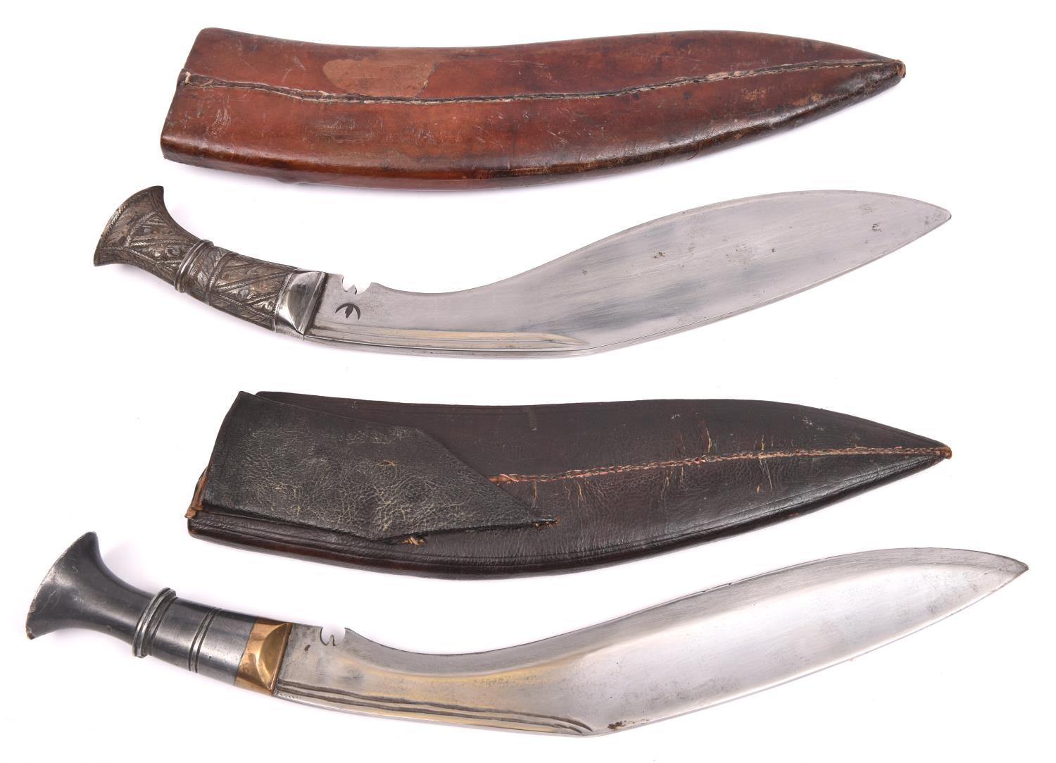 A kukri, with embossed iron hilt, in its military style leather covered sheath; and another kukri, - Image 2 of 2