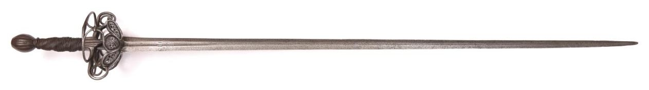 A 17th century rapier, broad blade 38½" of flattened hexagonal section, the short shallow fullers