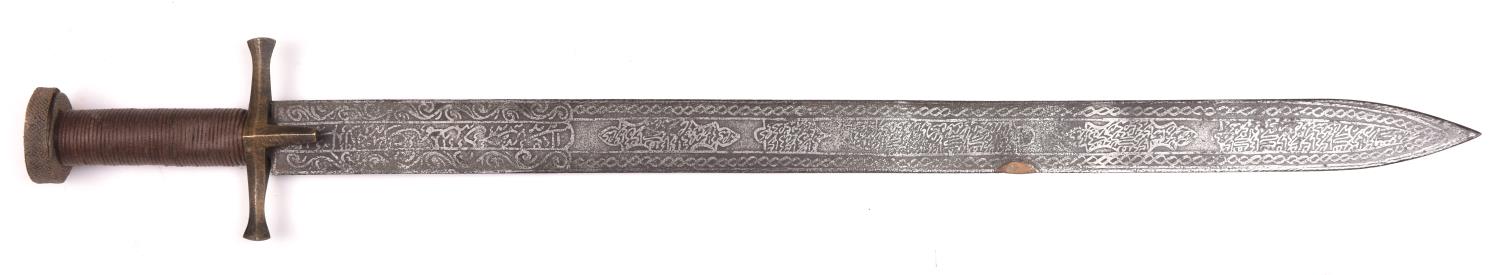 A Dervish kaskara, blade 24½" etched with Arabic characters for whole length, cord bound hilt with - Image 2 of 2