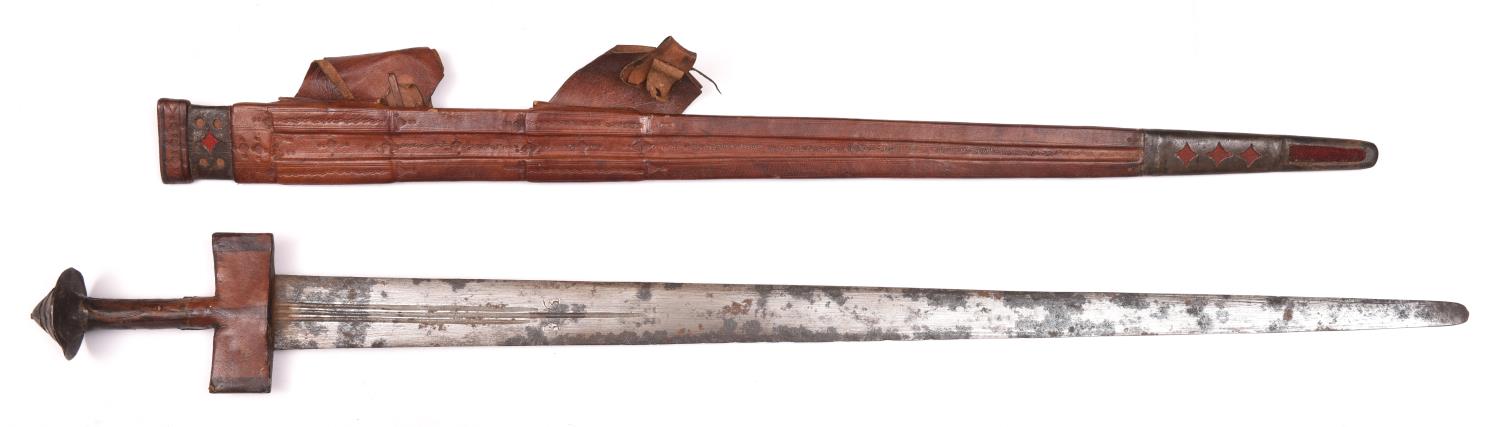 A Tuareg sword, tapered DE blade 31" with three short narrow fullers and crude double crescent - Image 2 of 2