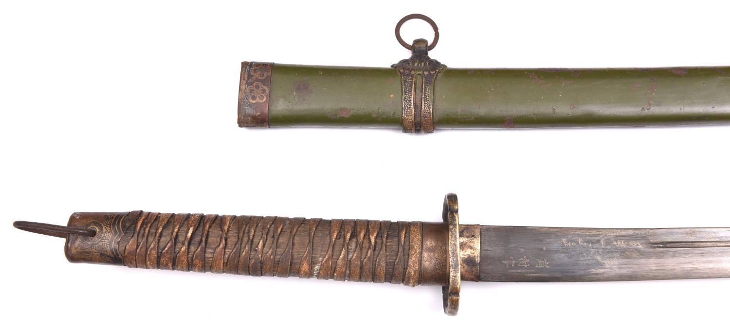 A WWII Japanese officer's sword, blade 27½", has Japanese markings, brass mounted hilt, in its brass - Image 3 of 4