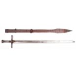A Sudanese sword, Kaskara, DE blade 34" with three narrow fullers; cruciform hilt, the grip and