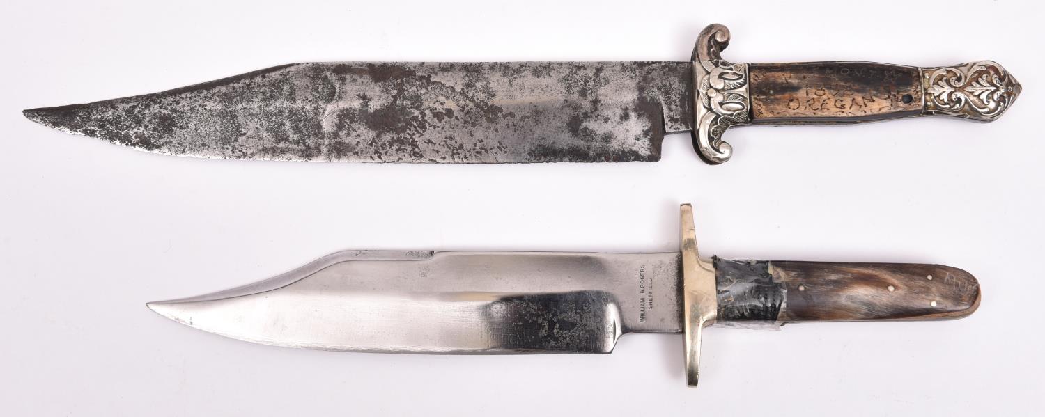 An old Bowie knife, clipped back blade 10", the hilt with foliate embossed crossguard and pommel and - Image 2 of 2