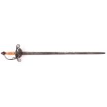 A 17th century rapier, broad blade 33", the shallow fullers showing signs of having had an