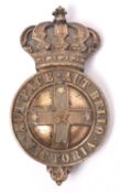 An Australian bit boss of the State of Victoria, with Guelphic crown and motto "Aut pace Aut bello".