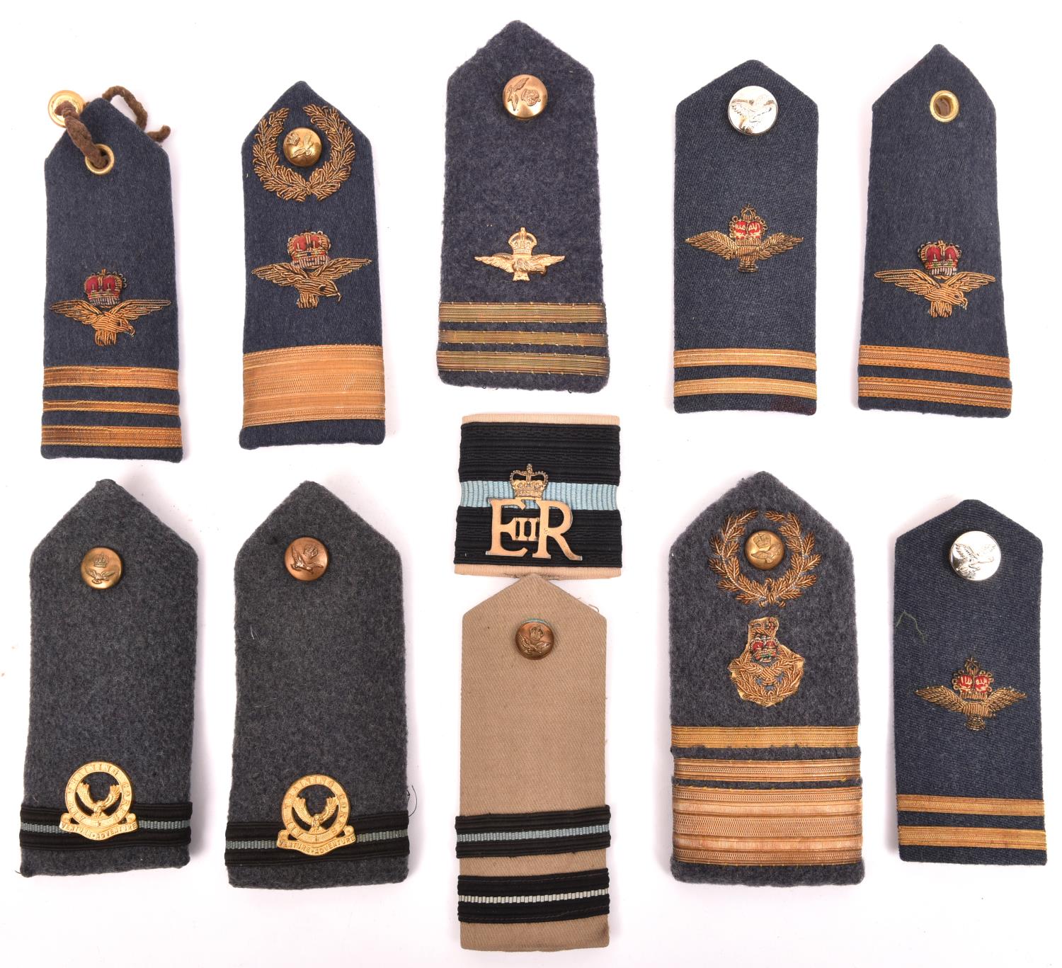 12 RAF shoulder boards, Air Marshal, Air Commodore, Wing Commander (2), Flight Lt (3), 2 other