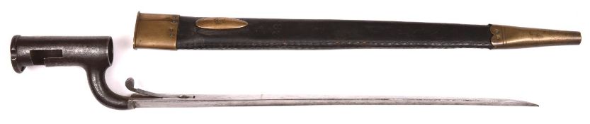 An 1840 pattern Constabulary bayonet, triangular section blade 13" with spring catch, in its brass