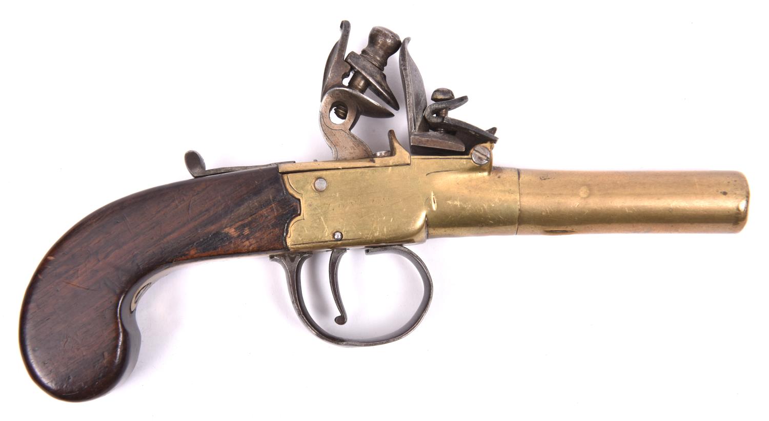 A 70 bore brass barrelled and brass framed flintlock boxlock pocket pistol, c 1815, by R& R